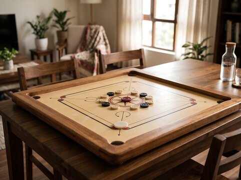 Premium Wooden Carrom Board Set Up in a Cozy Modern Home Recreation Room