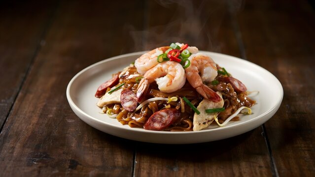 Authentic Stir-Fried Char Kway Teow Flat Rice Noodles Top-Garnished with Succulent Prawns, Sliced Sausage, Fish Cake, and Fresh Chilis on a Rustic Wooden Table