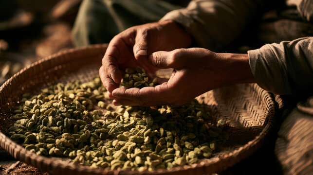 Warm light falls on hands sorting green cardamom pods