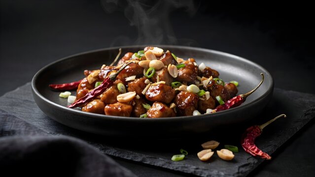 Classic Stir-Fried Kung Pao Chicken with Roasted Peanuts, Dried Red Chilies, Glazed Chicken Cubes, and Chopped Green Onions Served Hot in a Slate Plate