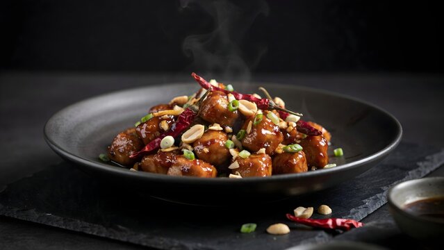 Classic Stir-Fried Kung Pao Chicken with Roasted Peanuts, Dried Red Chilies, Glazed Chicken Cubes, and Chopped Green Onions Served Hot in a Slate Plate
