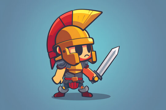 Cute chibi Roman gladiator character wearing golden armor and holding a silver sword