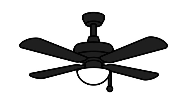 Black ceiling fan with integrated light fixture isolated on white background