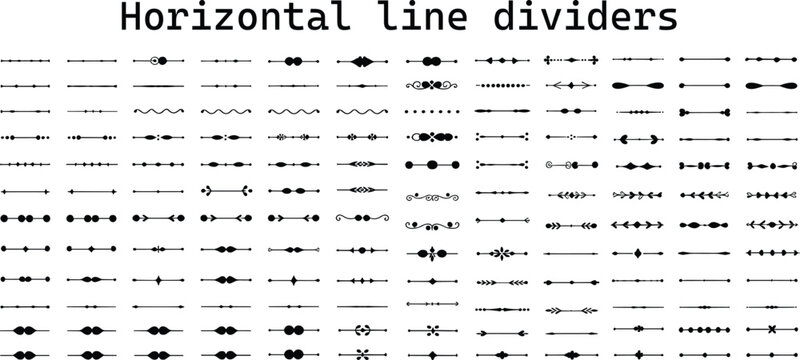 Collection of diverse black horizontal line dividers with various decorative elements and styles