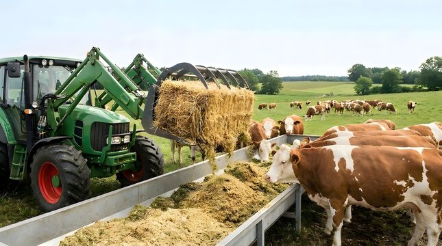 Tractor Feeding Cows with Hay Bale at Outdoor Trough