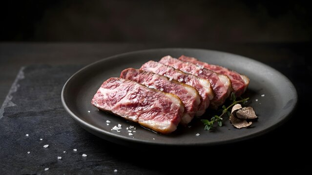 Sliced Medium-Rare Seared Beef Steak Sprinkled with Sea Salt Flakes and Garnished with Fresh Thyme and Truffle Shavings on a Black Plate