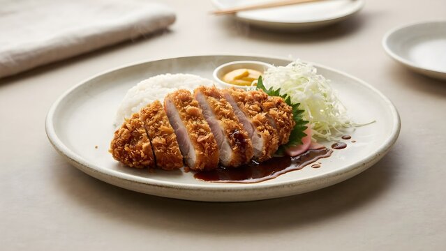 Crispy Japanese Pork Tonkatsu Cutlet Sliced and Drizzled with Tonkatsu Sauce, Served with Steamed White Rice, Shredded Cabbage, and Mustard
