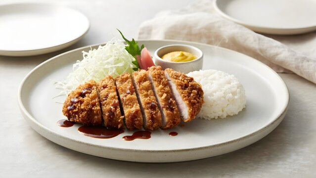 Crispy Japanese Pork Tonkatsu Cutlet Sliced and Drizzled with Tonkatsu Sauce, Served with Steamed White Rice, Shredded Cabbage, and Mustard