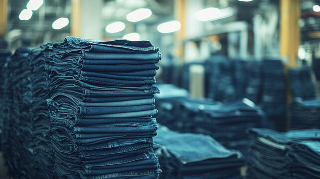 Industrial warehouse interior showcasing tall organized stacks of blue jeans in a textile manufacturing facility, highlighting apparel inventory storage, wholesale garment distribution, and factory pr
