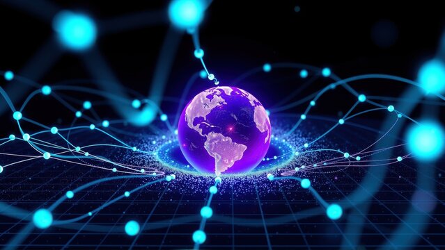 Glowing earth surrounded by network connections. Digital world, data streams, futuristic concept. Bright blue lines radiate outward.