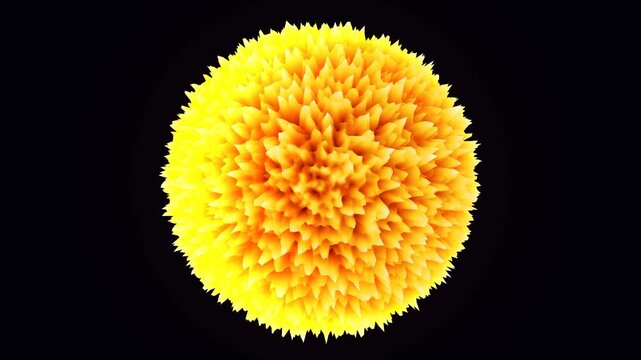 Rotating yellow spiky sphere abstract 3D animation on black background.