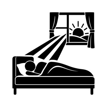 Minimalist Black Solid Glyph Vector Illustration of Person Sleeping Peacefully in Bed as Morning Sunlight Rays Stream Through Bedroom Window with Curtains and Rising Sun   