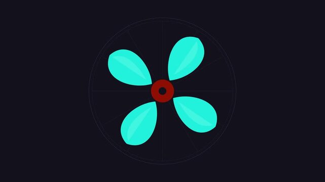 Six teal propeller icons rotating on a dark background
