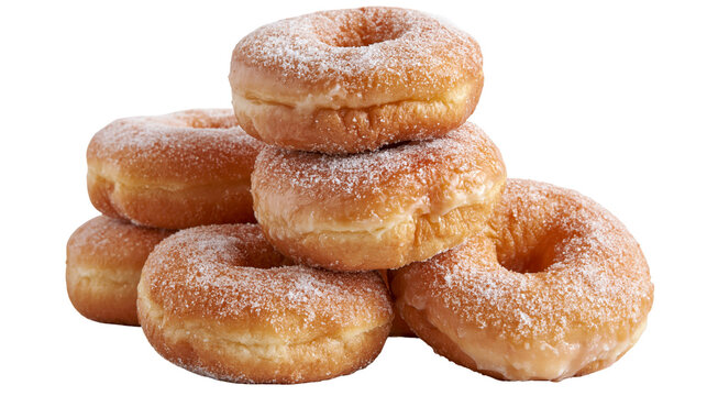 Stack of golden brown ring donuts covered with white powdered sugar