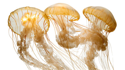 Three translucent golden jellyfish with long delicate tentacles swimming together © Alaric
