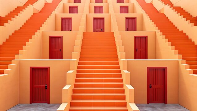 Surreal isometric digital art of an infinite labyrinth with orange stairs and red doors conceptual design