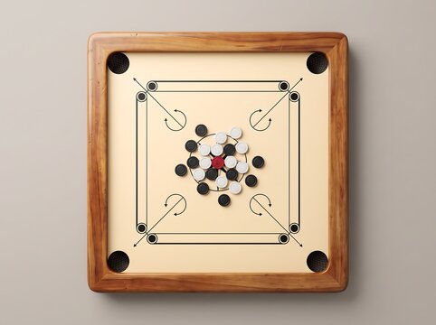 Wooden Carrom Board Game Setup with Black White Coins and Red Queen