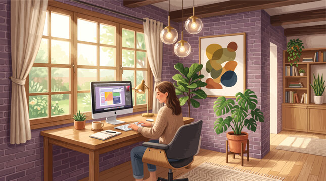 Woman working remotely on a computer in a cozy room with houseplants