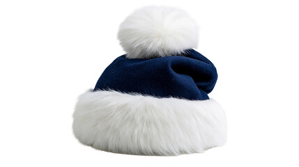Dark blue winter beanie hat with white faux fur trim and fluffy pompom © Alaric
