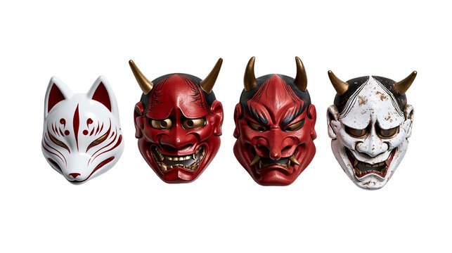 Traditional Japanese kitsune fox and red and white hannya demon theater masks