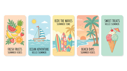 Fototapeta premium Summer vertical mobile banners vector set featuring fresh fruits, sailboat, surfboards, beach sunset, ice cream, and design assets