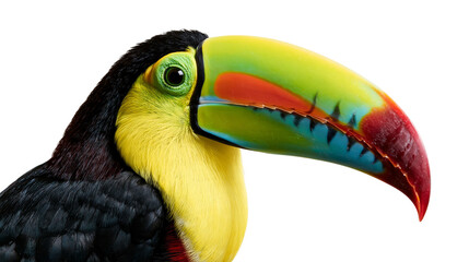 Keel-billed toucan profile portrait with vibrant multicolored beak and yellow neck © Alaric