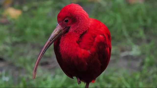 Close-up of a bright red scarlet ibis bird with long bill.