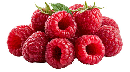 Fresh ripe red raspberries with green leaves piled together © Alaric