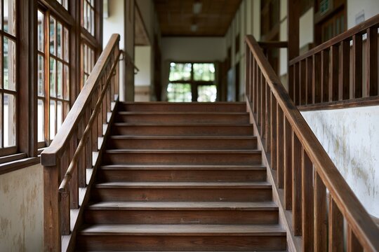 光が差し込む古い木製階段が続くレトロな学校の廊下
