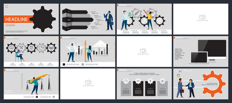 Infographics headline. Businessman plans business presentations, finance, powerpoint Team of people create new business project. Design template elements gray background, set. Vector flat illustration