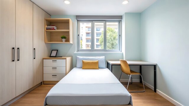 Bright minimalist modern dorm room and bedroom in an apartment with a single bed and study desk area.