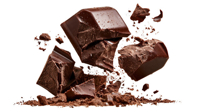 Crumbled dark chocolate chunks and cocoa powder particles in mid-air motion