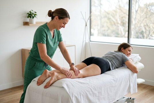 A mid-range photograph capturing the interaction between a standing practitioner performing a massage and a lying patient, focused on holistic care for practice overviews.