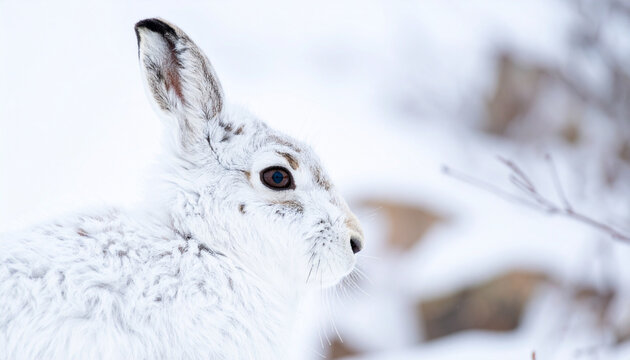 Mountain hare portrait in snowy landscape