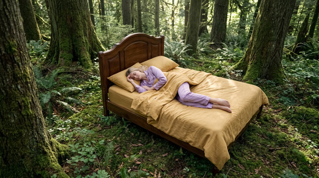 Sleeping peacefully in nature: Young woman enjoying restful sleep on a comfortable bed in the middle of a lush green forest for mental wellness and physical balance.
