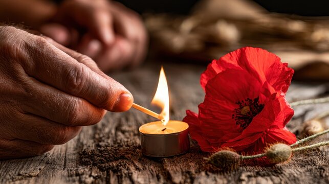Lighting memorial candle beside red poppy for Veterans Day