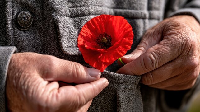 Senior person placing red poppy in coat pocket for Veterans Day remembrance