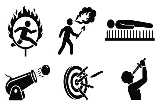 Extreme circus sideshow acts and stunt performer silhouette vector icon set
