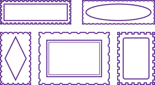 Various blank postage stamp outlines in purple on white background with decorative perforations