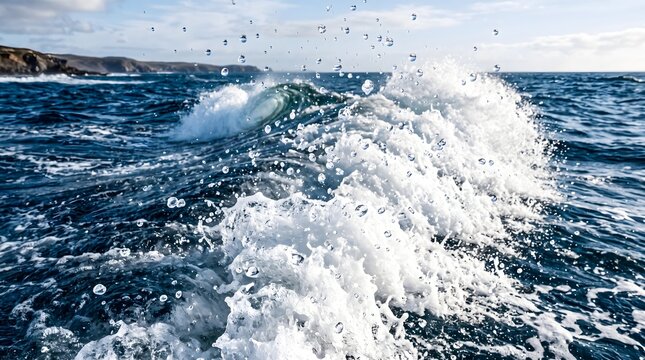 Powerful sea wave crashing with frozen water spray droplets