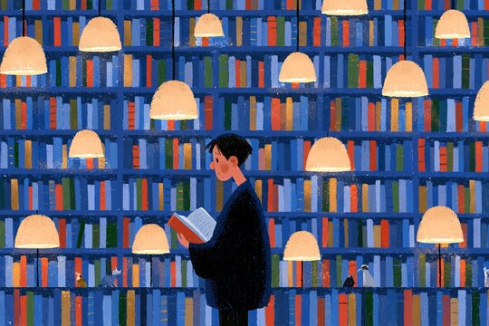 Woman Reading at Night in a Library with Glowing Lamps