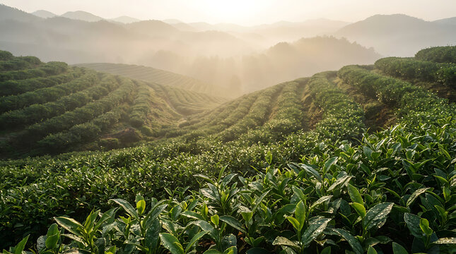 Rows of green tea bushes on a misty hillside plantation at sunrise