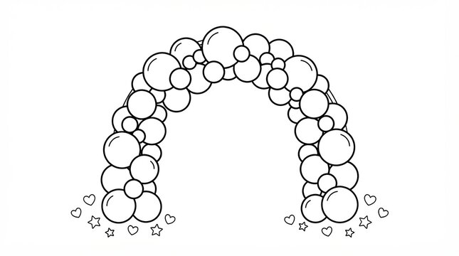 Balloon arch decoration with small hearts and stars line art drawing