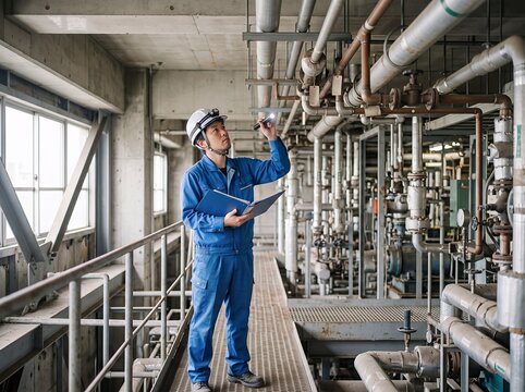 工場で配管設備を懐中電灯で点検する男性作業員