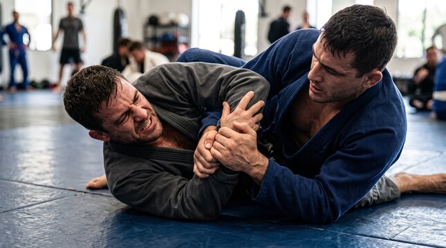 Two male martial artists training Brazilian jiu jitsu kimura submission in gym
