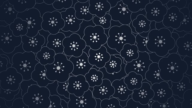 濃紺の背景に和柄の梅の花が広がるループ映像、4K、オーバーレイ用