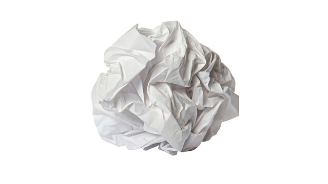 Square crumpled white office paper ball texture isolated on transparent background