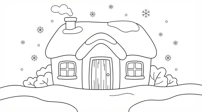 A cute hand drawn winter house with a smoking chimney and falling snow in the yard