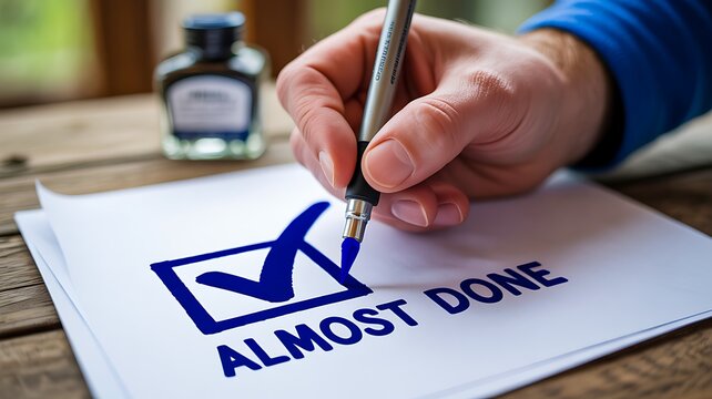 Hand drawing final checkmark beside almost done message on a white paper