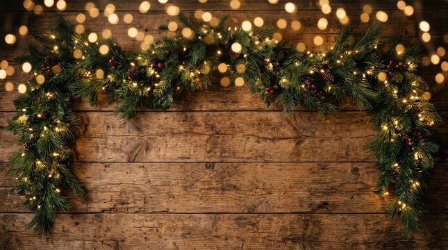 Warm and festive christmas background featuring rustic wooden planks adorned with glowing garland lights and lush evergreen branches